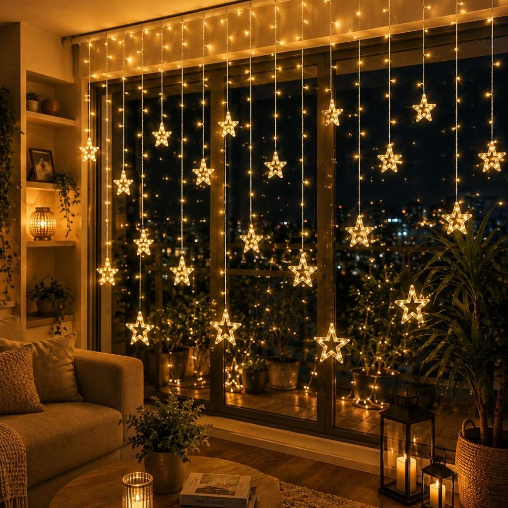 Cascata de Natal Estrelas Bivolt Leds com 8 Funções