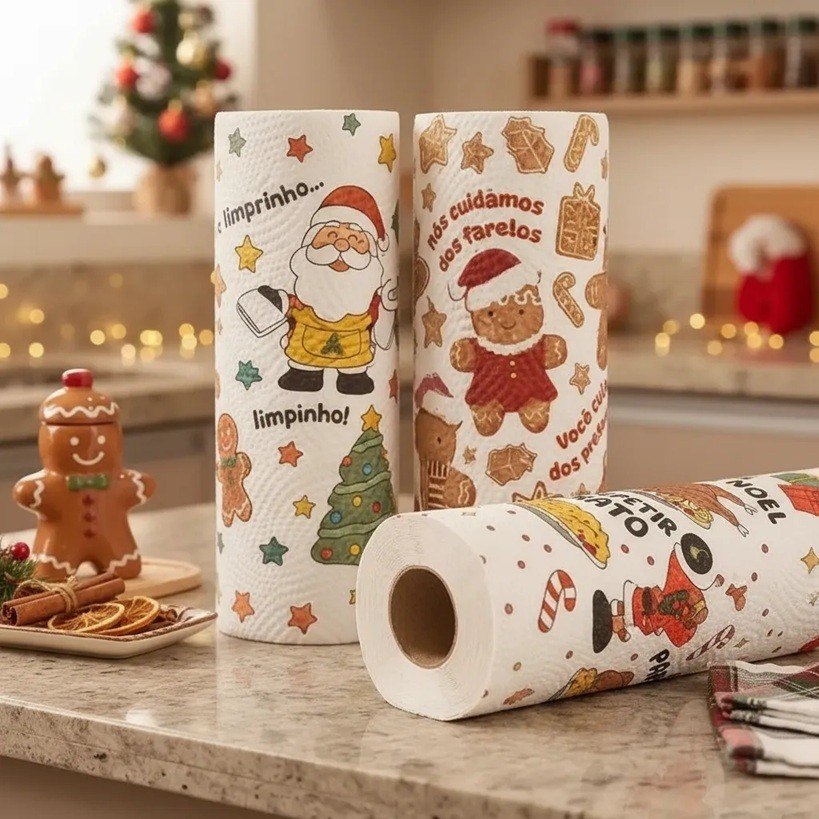 2 Rolos Papel Toalha Estampa De Natal Folha Tripla Multiuso