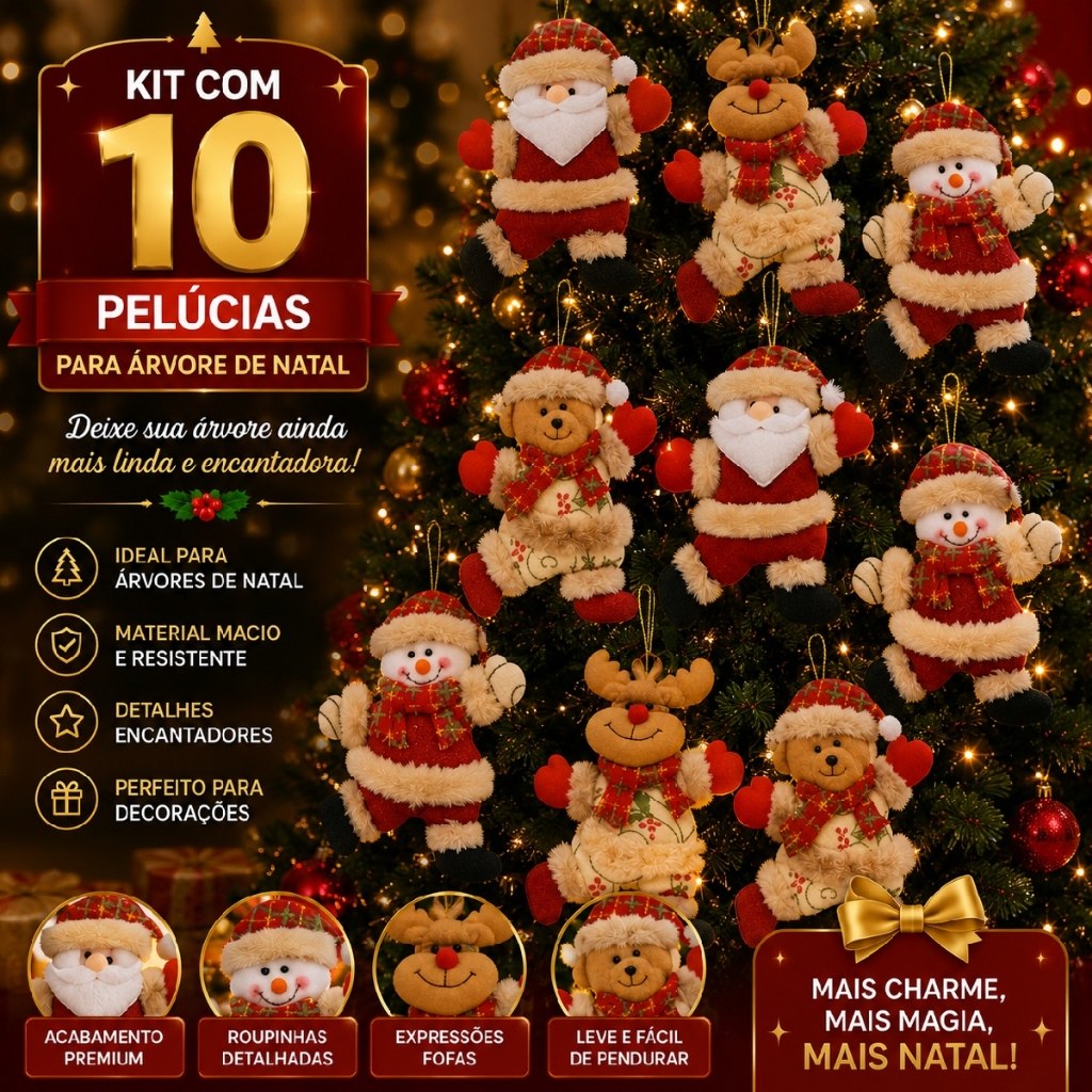 Kit 10 Bonecos de Pelúcia para Árvore de Natal