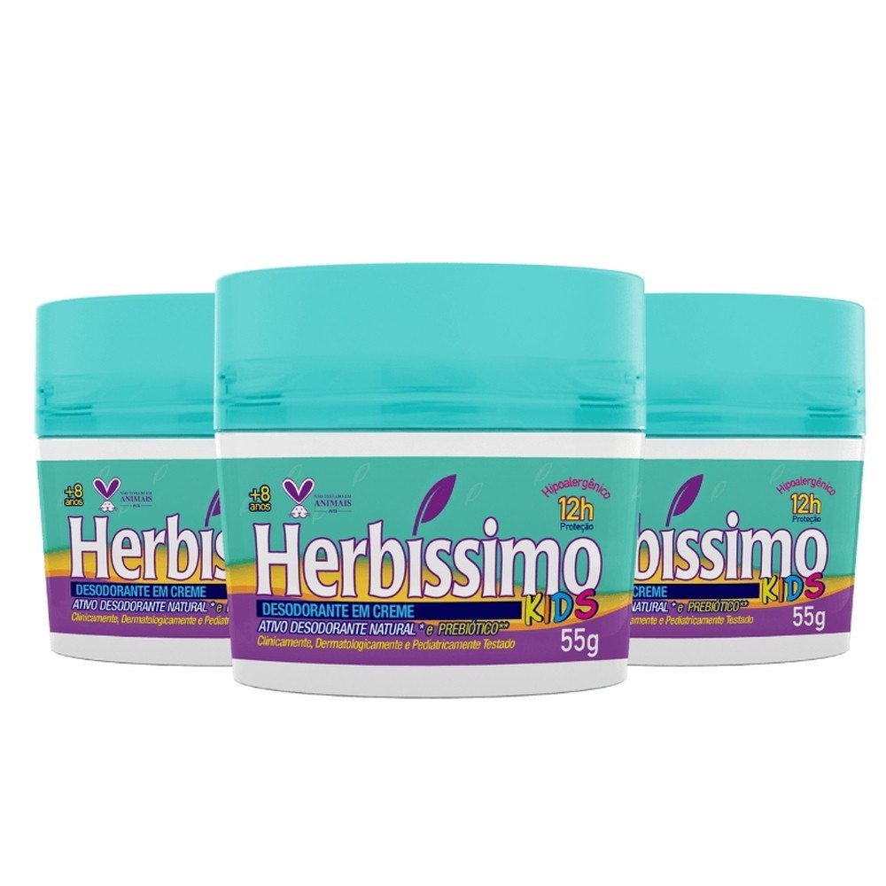 Kit 3 unid - Desodorante Creme Antitranspirante Herbíssimo Kids 55g