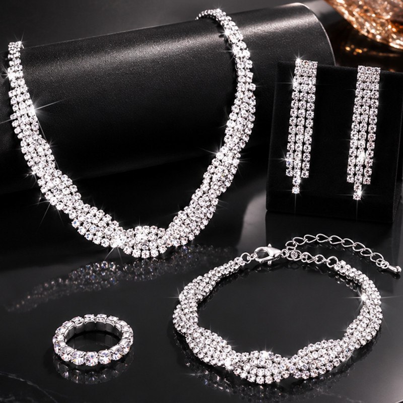 Conjunto de Joias Feminino Prata Strass 4 Peças