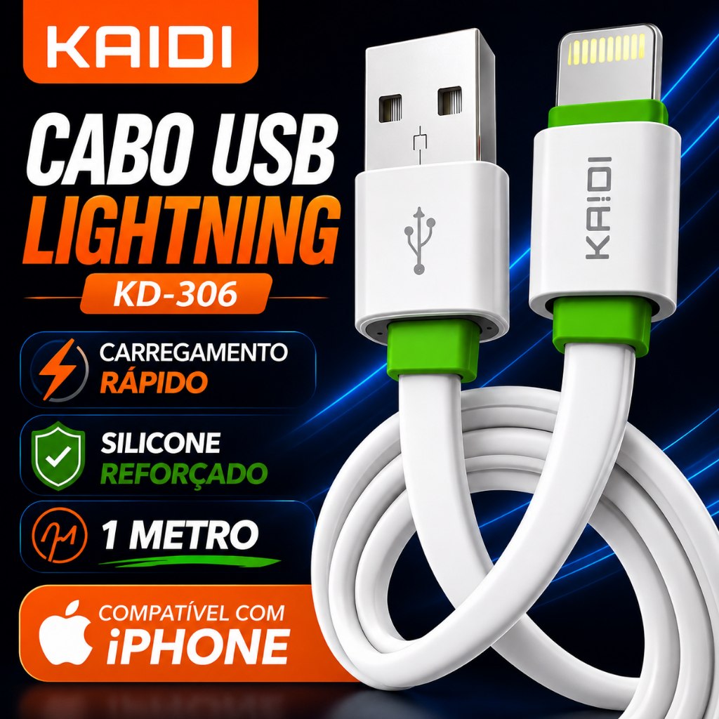 Cabo Lightning Kaidi KD-306 Silicone Reforçado 1m