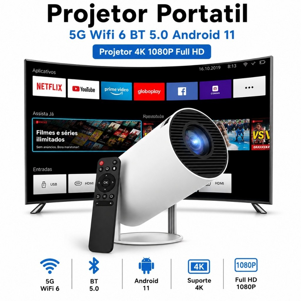 Projetor Portátil 4K 1080P Full HD