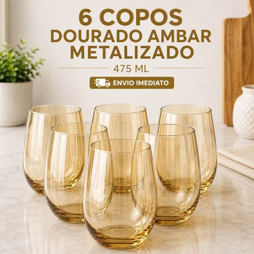 Jogo 12/6/4 Copos Vidro Dourado Metalizado 475ml