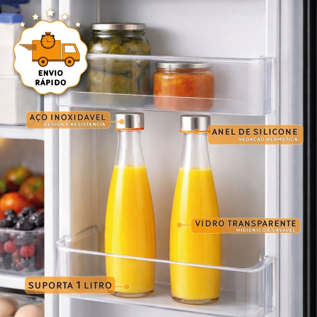 Kit de Garrafas de Vidro Redondas com Tampa Hermética