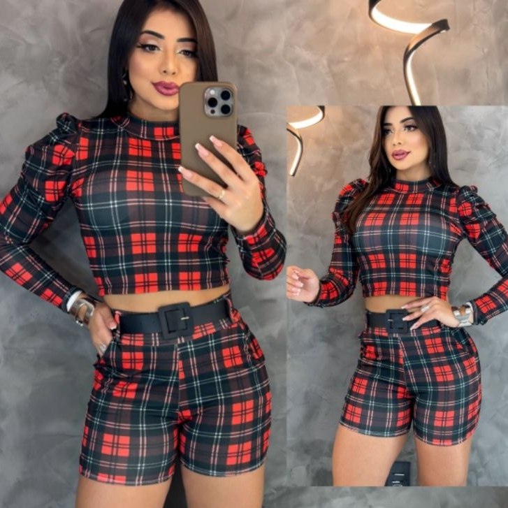 Conjunto Feminino Xadrez Blusa Manga Longa + Short