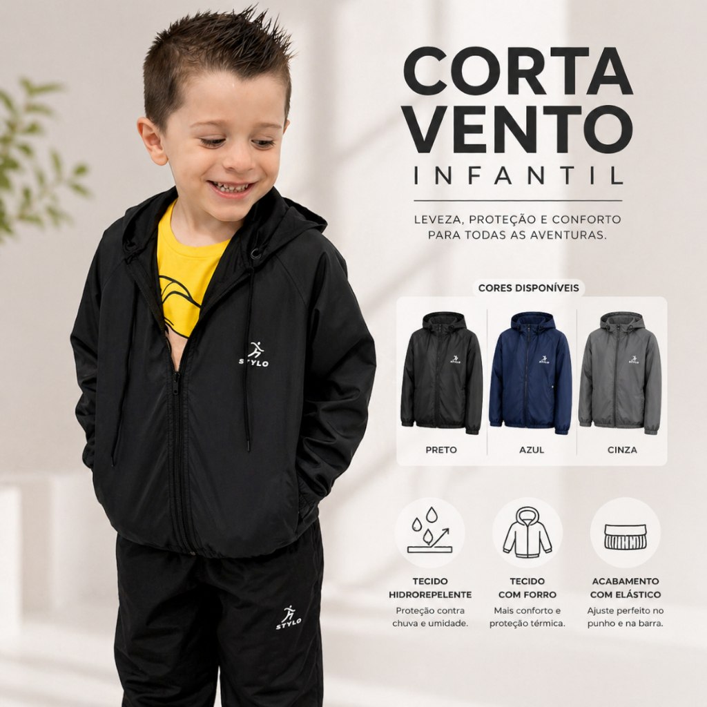 Jaqueta Corta-Vento Infantil Unissex Forrada Quente