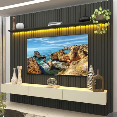 Painel Para TV Até 90 Polegadas 229x250cm Ripado com LED Grafite/Off White