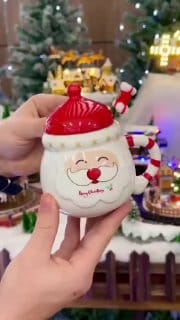 Caneca De Natal De Papai Noel 3D Com Tampa E Colher De Cerâmica