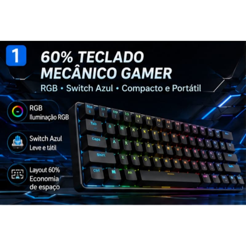 Teclado Gamer Mecânico RGB 60% Switch Blue USB‑C