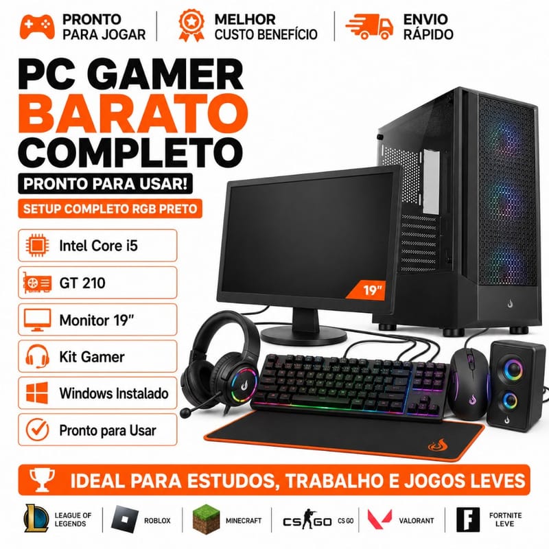PC Gamer Barato Completo i5 GT 210 Setup Completo RGB Preto Monitor 19 Windows
