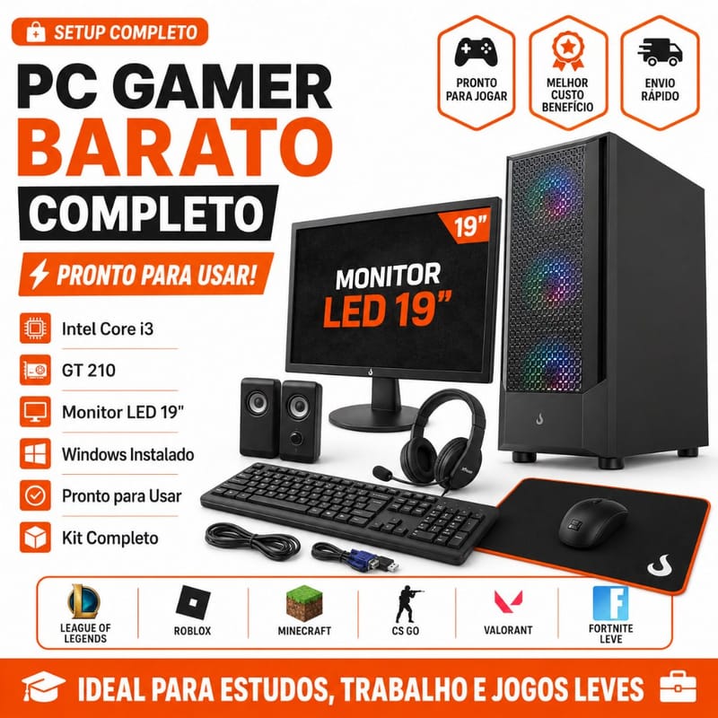 PC Gamer Barato Completo i3 GT 210 Monitor LED 19 Setup Completo Windows