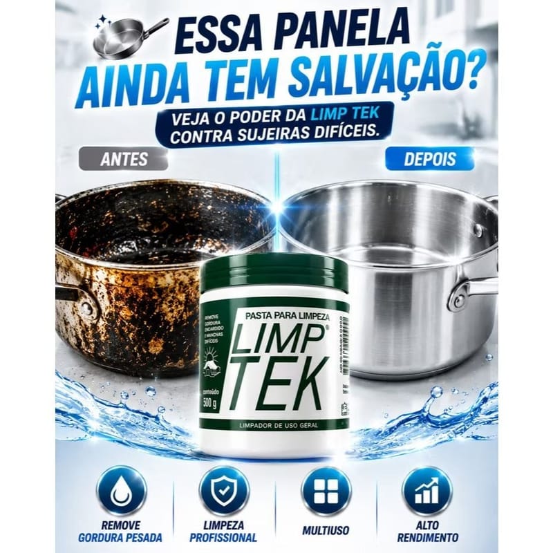 PASTA DE LIMPEZA PROFISSIONAL LIMP TEK 500G – MULTIUSO REMOVE GORDURA, ENCARDIDO, MANCHAS DIFÍCEIS, PANELAS FOGÃO, TÊNIS