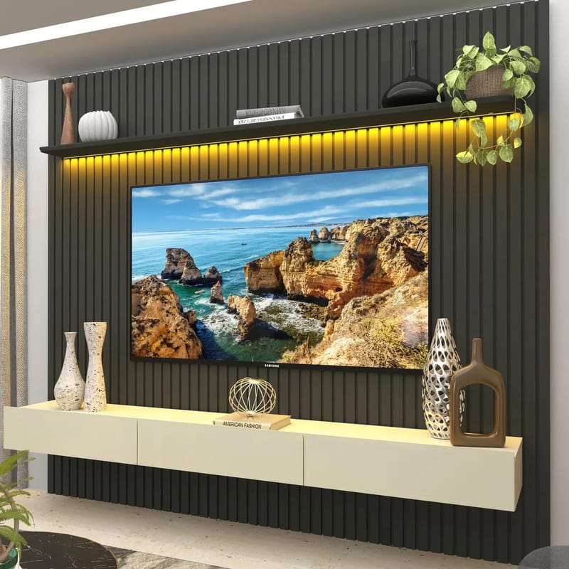 Painel Para TV Até 90 Polegadas 229x250cm Ripado com LED Grafite/Off White