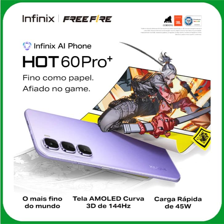 Smartphone Infinix Hot 60 Pro+ 4G 256GB Até 16GB RAM MediaTek Helio G200 Tela Curva 3D 144 Hz Bateria 5160mAh NFC