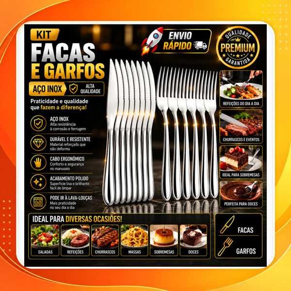 Jogo de Talheres em Aço Inox Garfo e Faca 24 48 ou 72 Peças para Cozinha Mesa Posta Restaurante