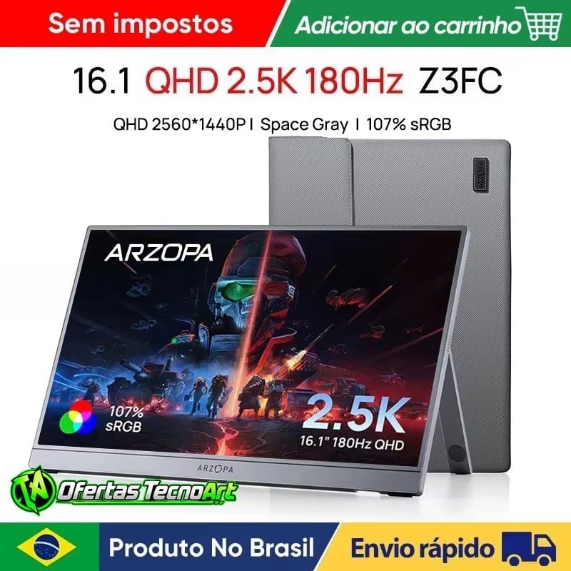 Monitor Portátil QHD Arzopa Z3FC 16,1 polegadas 2,5 K 180 Hz 2560x1440 16:9 107% sRGB 400cd/m2 Z3 FC QUAD HD 2k