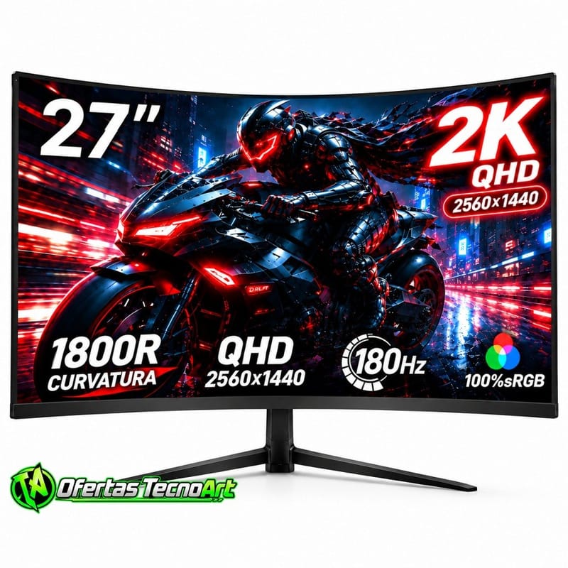 Monitor Curvo Gamer 27" IPS QHD 2k180Hz 1ms FreeSync, Tela Ultrafina, Conexões HDMI/DP e Fixação VESA para PC