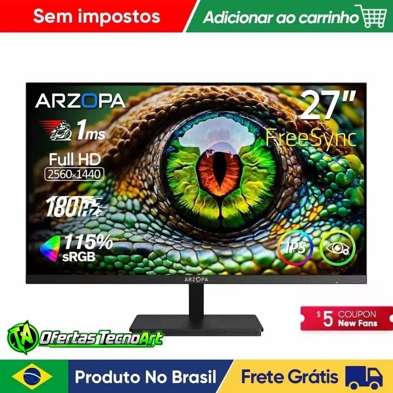 Monitor Arzopa Gamer 27" QHD Fast IPS 180Hz 1Ms HDMI DP