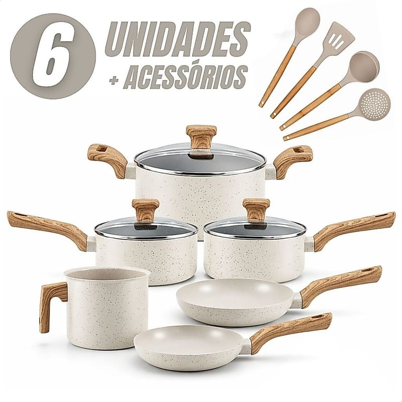 Jogo de Panelas 6 Peças Antiaderente + Tampa de Vidro