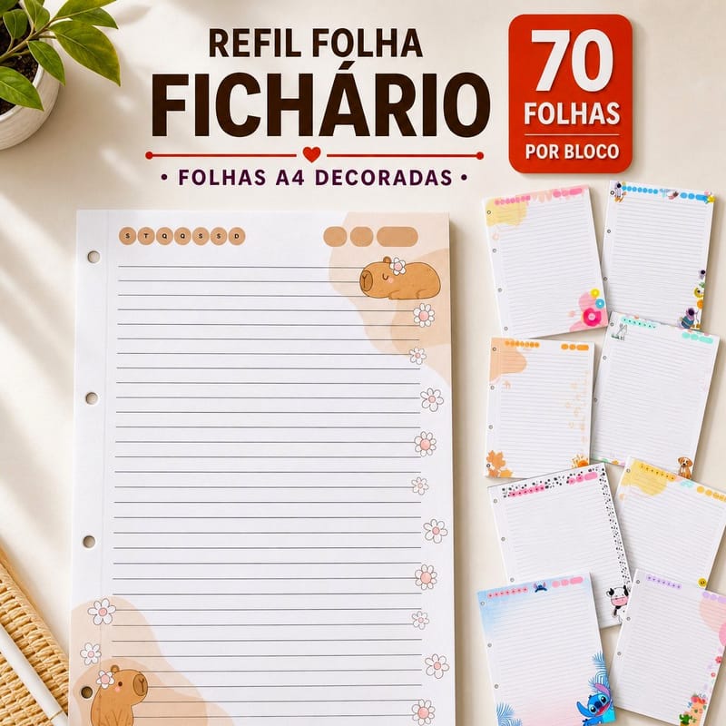 Refil Folhas de Fichário A4 70 Folhas Decoradas